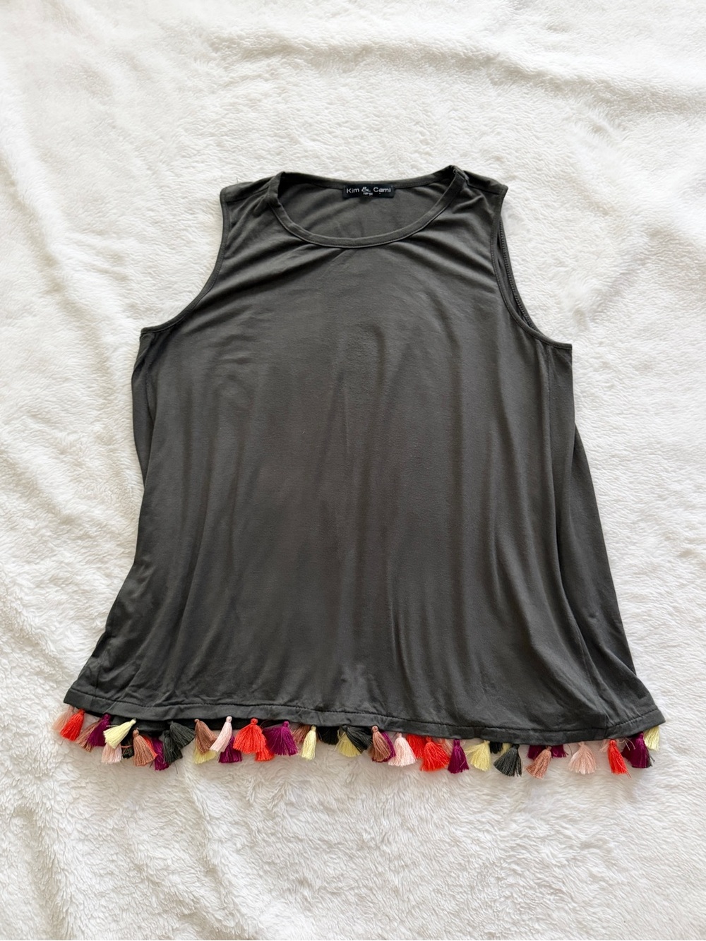 Kim & Cami Tassel Hem Sleeveless Top Olive Green Size Large